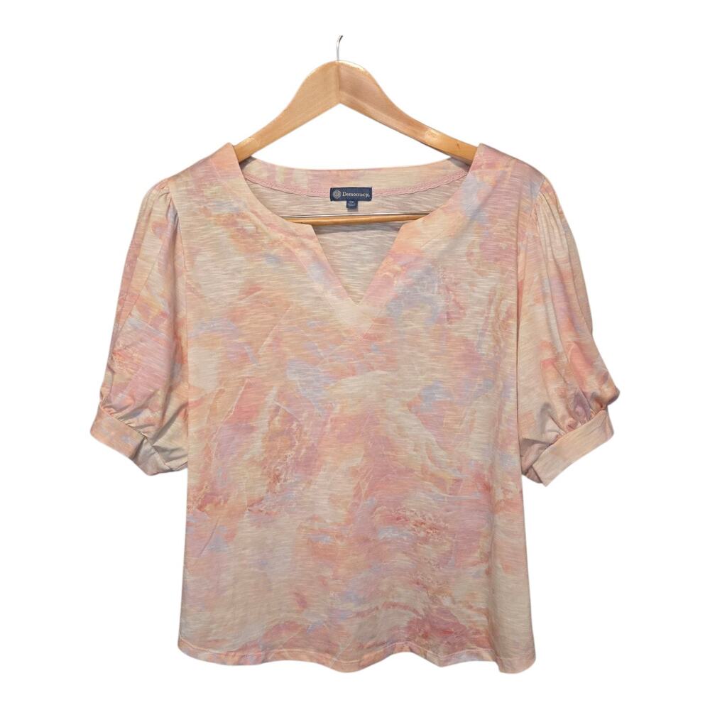 Democracy Top Womens Size 3X Multi Watercolor V-Neck Short Puff Sleeve Colorful